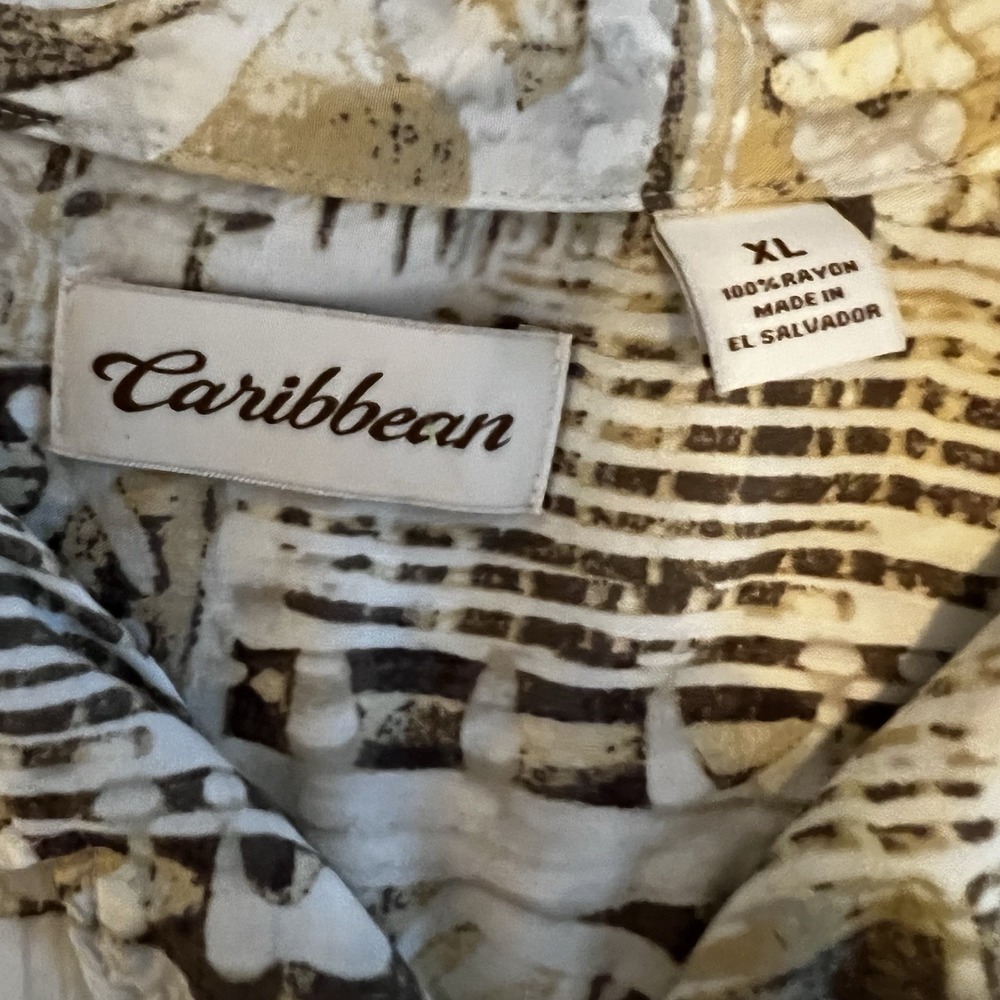 Caribbean Hawaiian Shirt XL Beige Brown Abstract Print Short Sleeve Button-Up - Picture 3 of 8